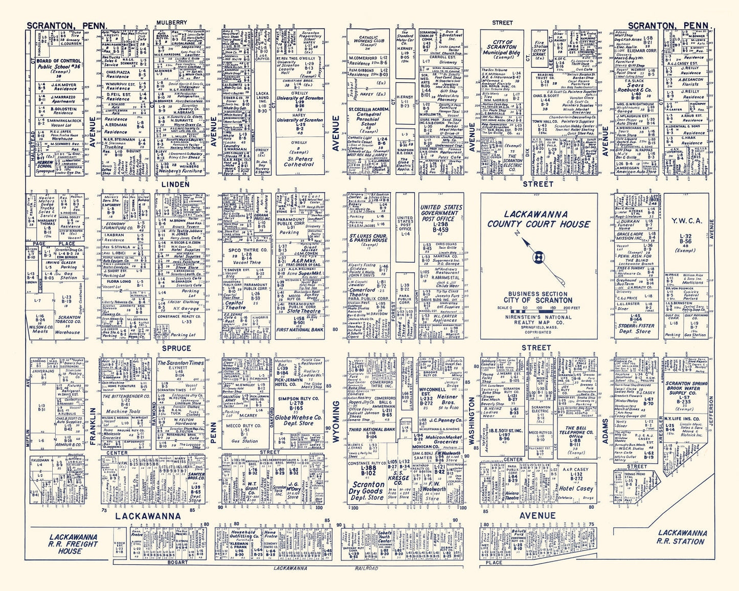 Vintage Map of Scranton, Pennsylvania Business Section, 1950