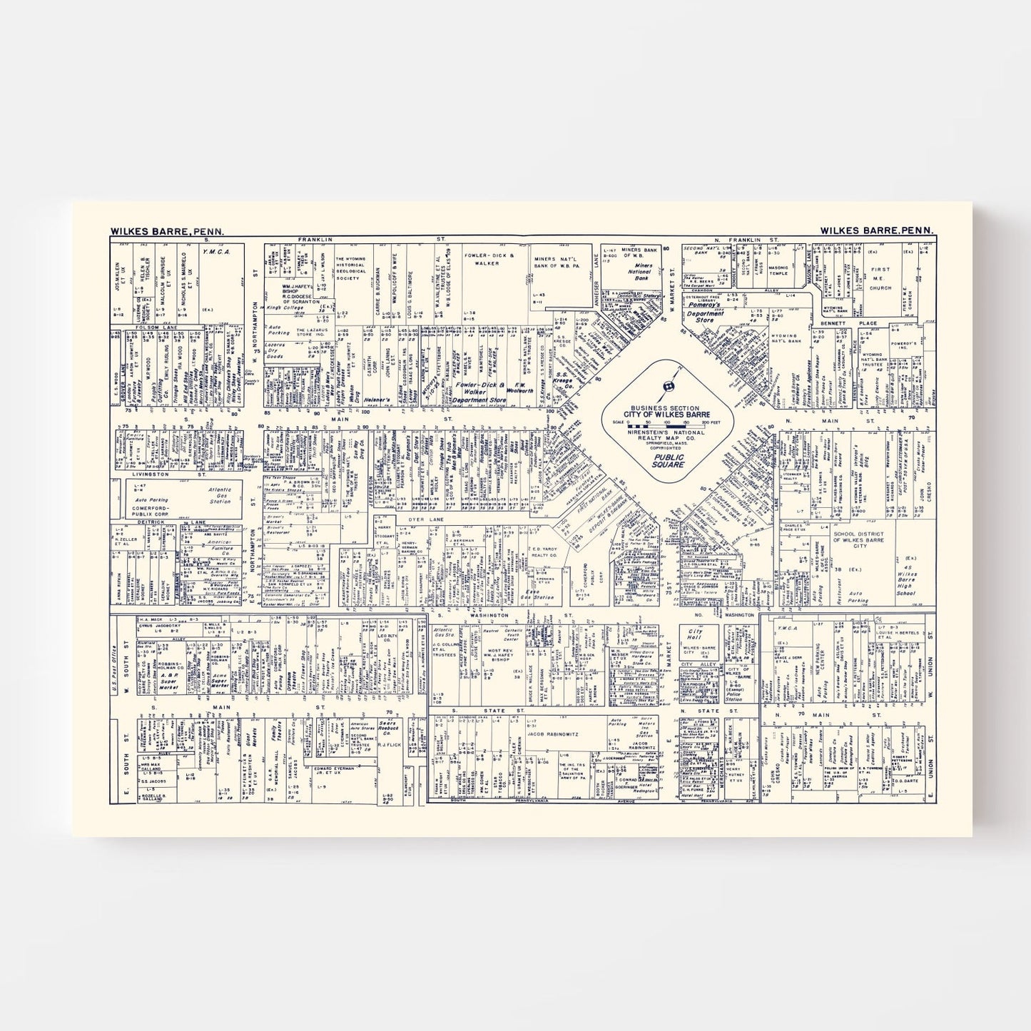 Vintage Map of Wilkes-Barre, Pennsylvania Business Section, 1950