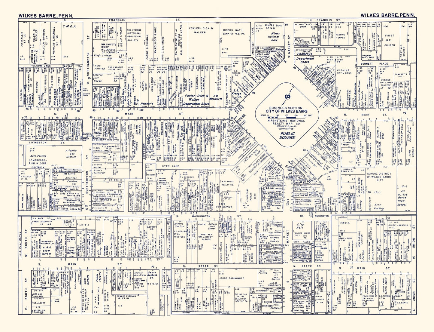 Vintage Map of Wilkes-Barre, Pennsylvania Business Section, 1950