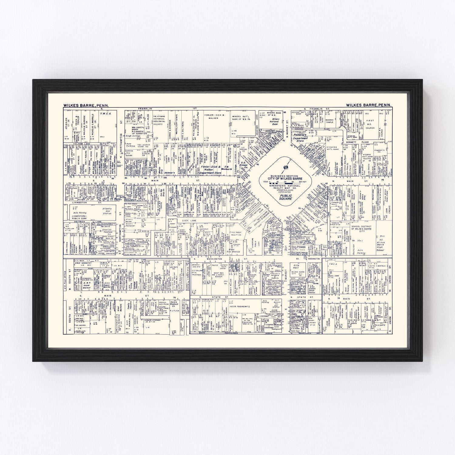 Vintage map of Wilkes-Barre PA business section, 1950, downtown commercial district