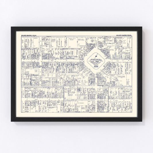 Vintage map of Wilkes-Barre PA business section, 1950, downtown commercial district