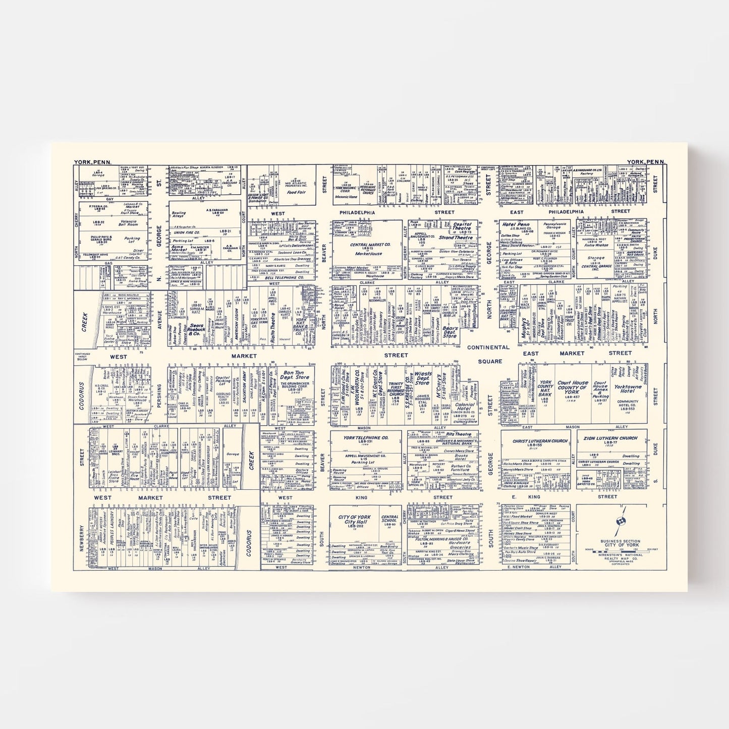 Vintage Map of York, PA Business Section, 1950