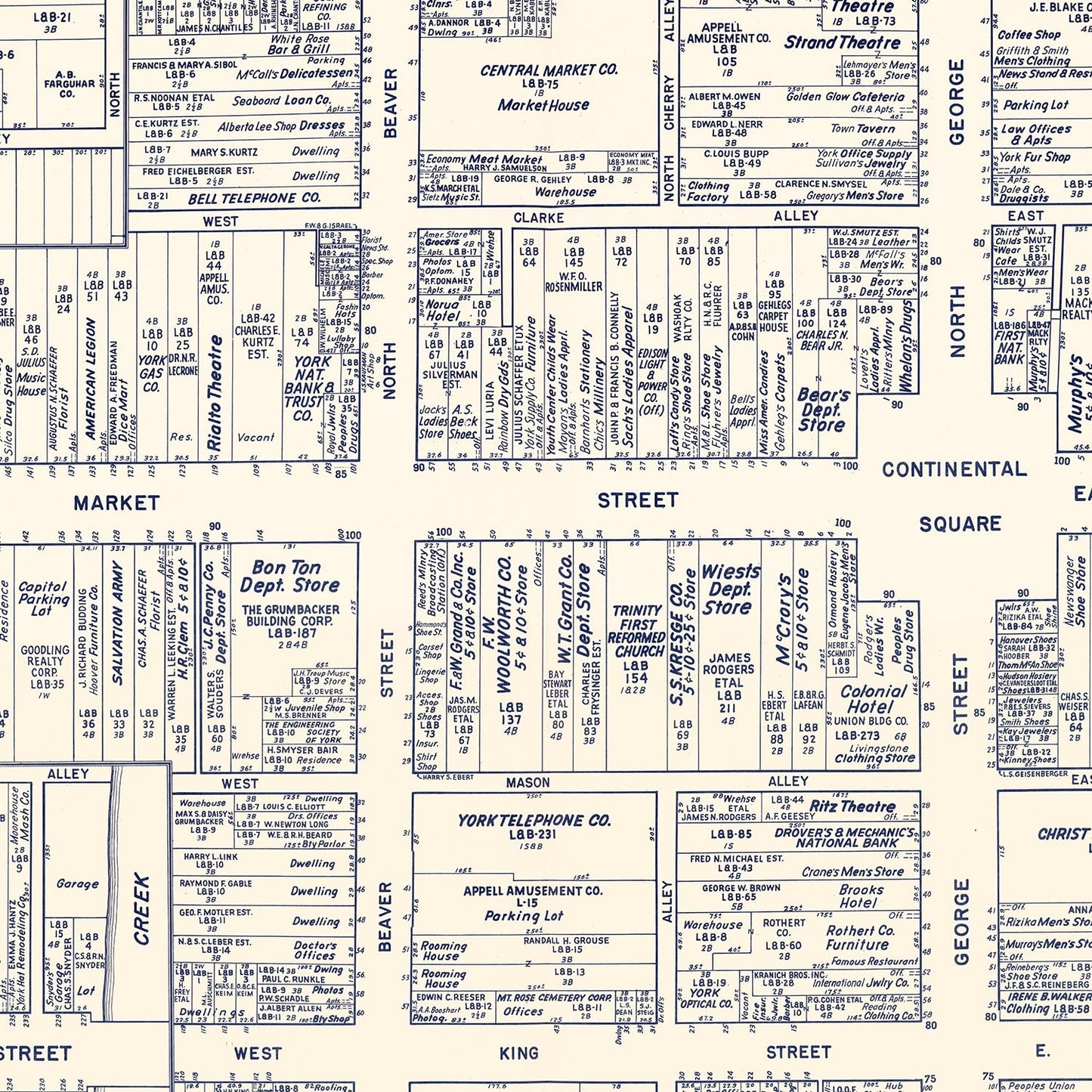 Vintage Map of York, PA Business Section, 1950