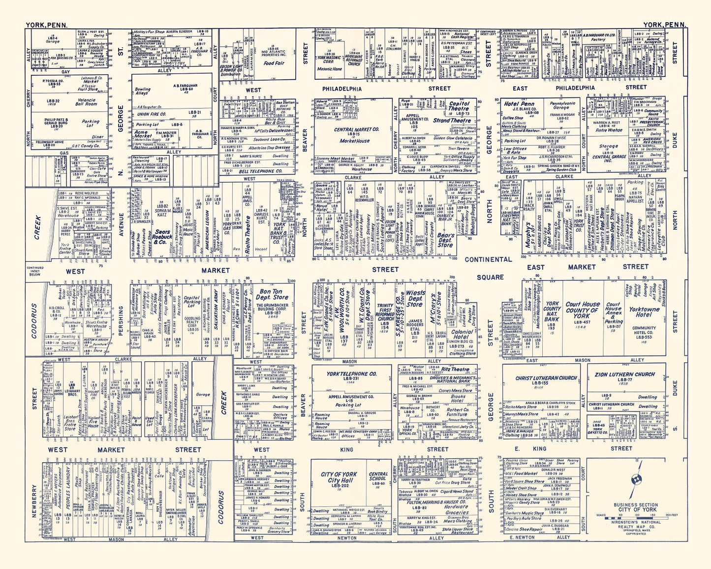 Vintage Map of York, PA Business Section, 1950