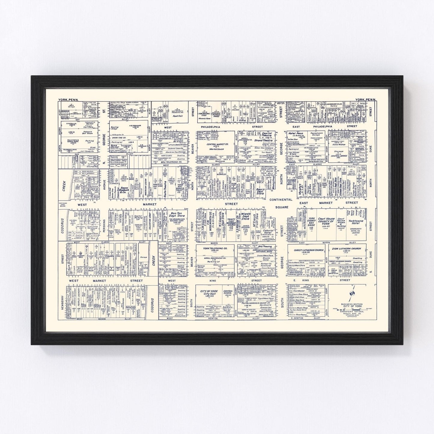 Vintage restored map of York, PA business section, 1950
