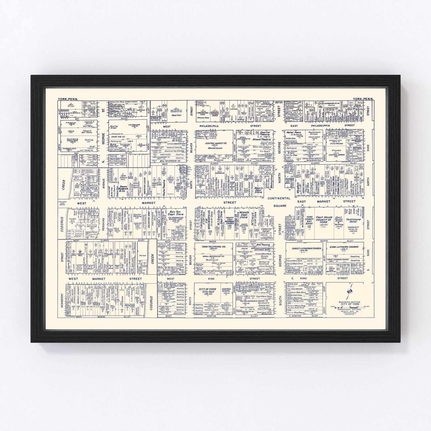 Vintage restored map of York, PA business section, 1950