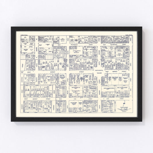 Vintage restored map of York, PA business section, 1950
