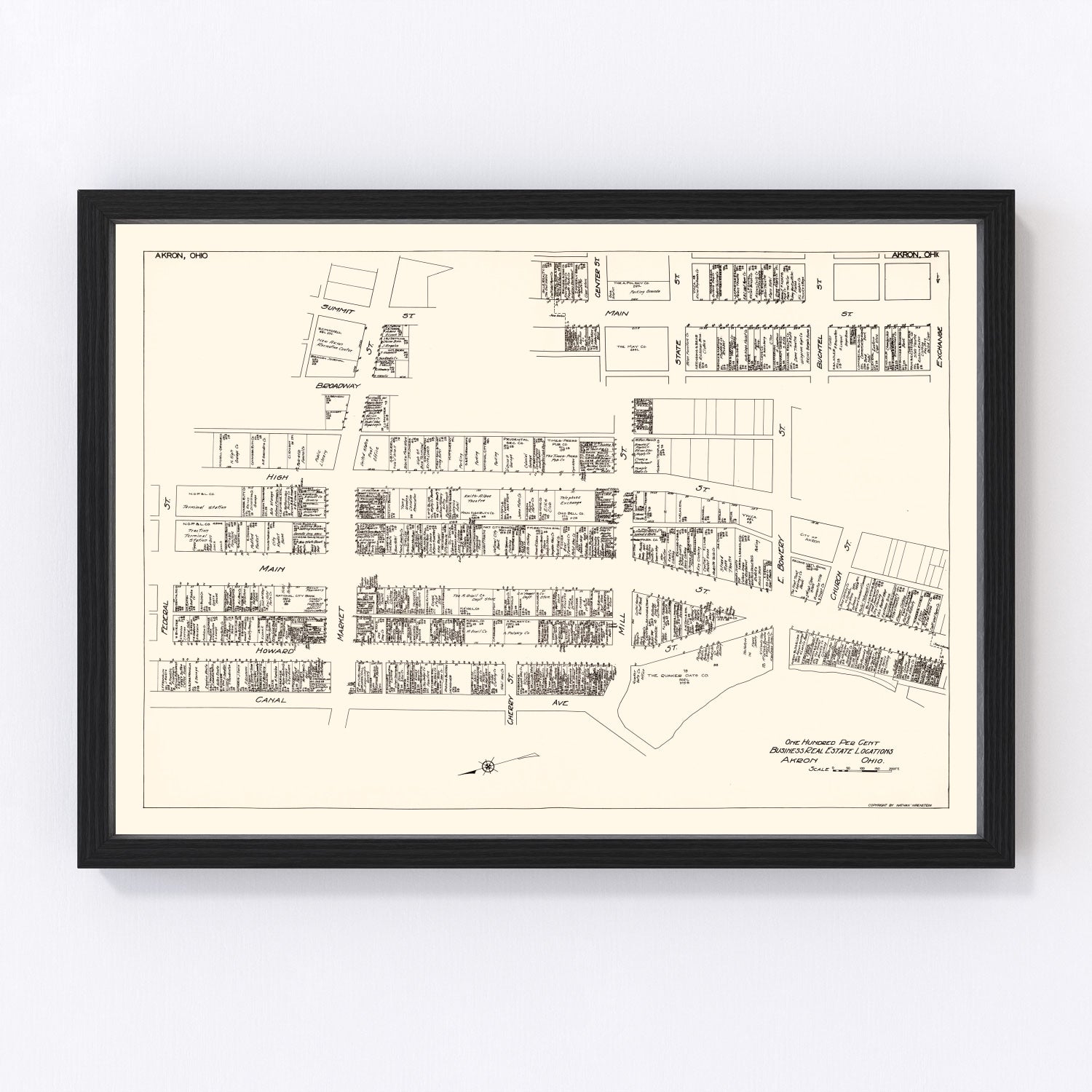 Vintage map of Akron, OH business section, 1929 - restored print