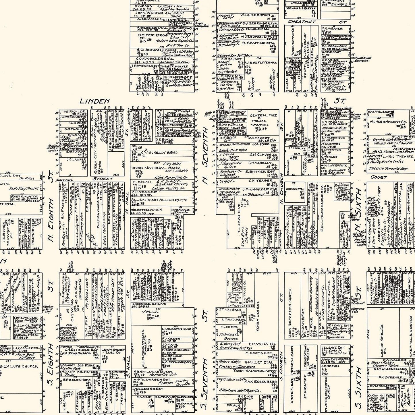Vintage Map of the Allentown, Pennsylvania Business Section, 1929