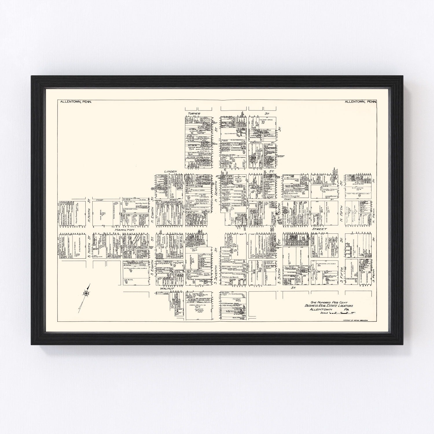 Vintage map of Allentown, Pennsylvania business section, 1929 - downtown district print