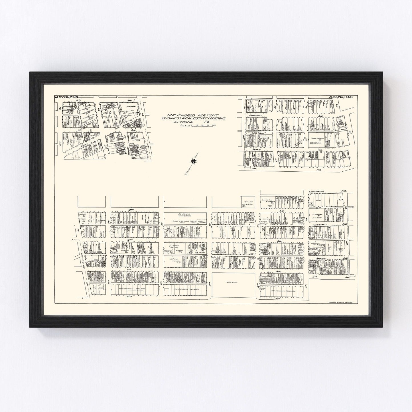 Vintage map of Altoona PA business section, 1929, Blair County