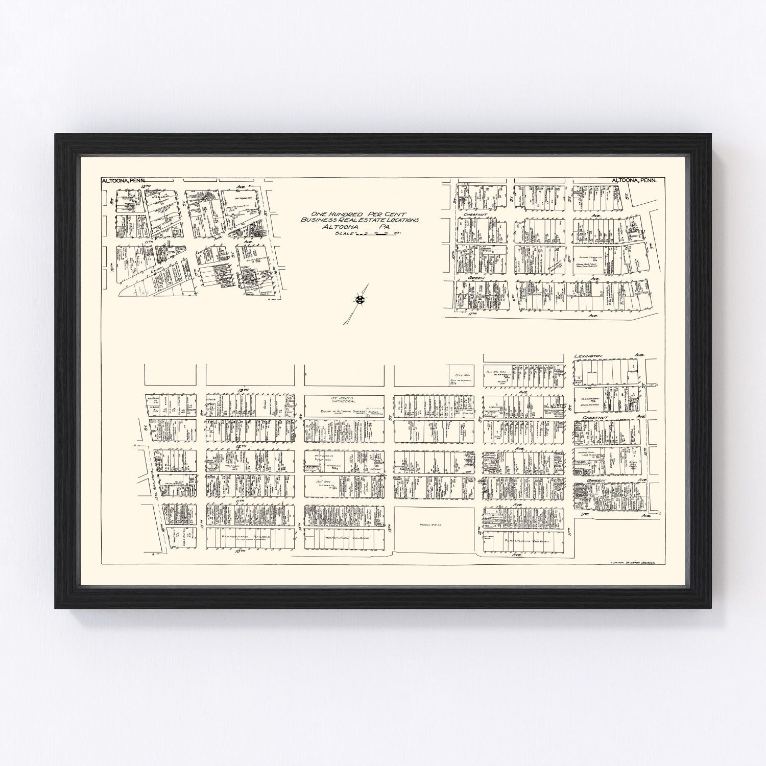 Vintage map of Altoona PA business section, 1929, Blair County