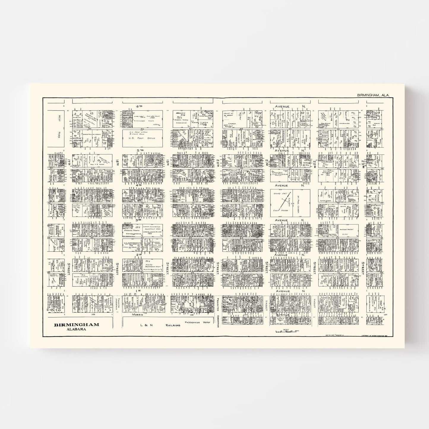 Vintage Map of Birmingham, Alabama, Business District, 1929