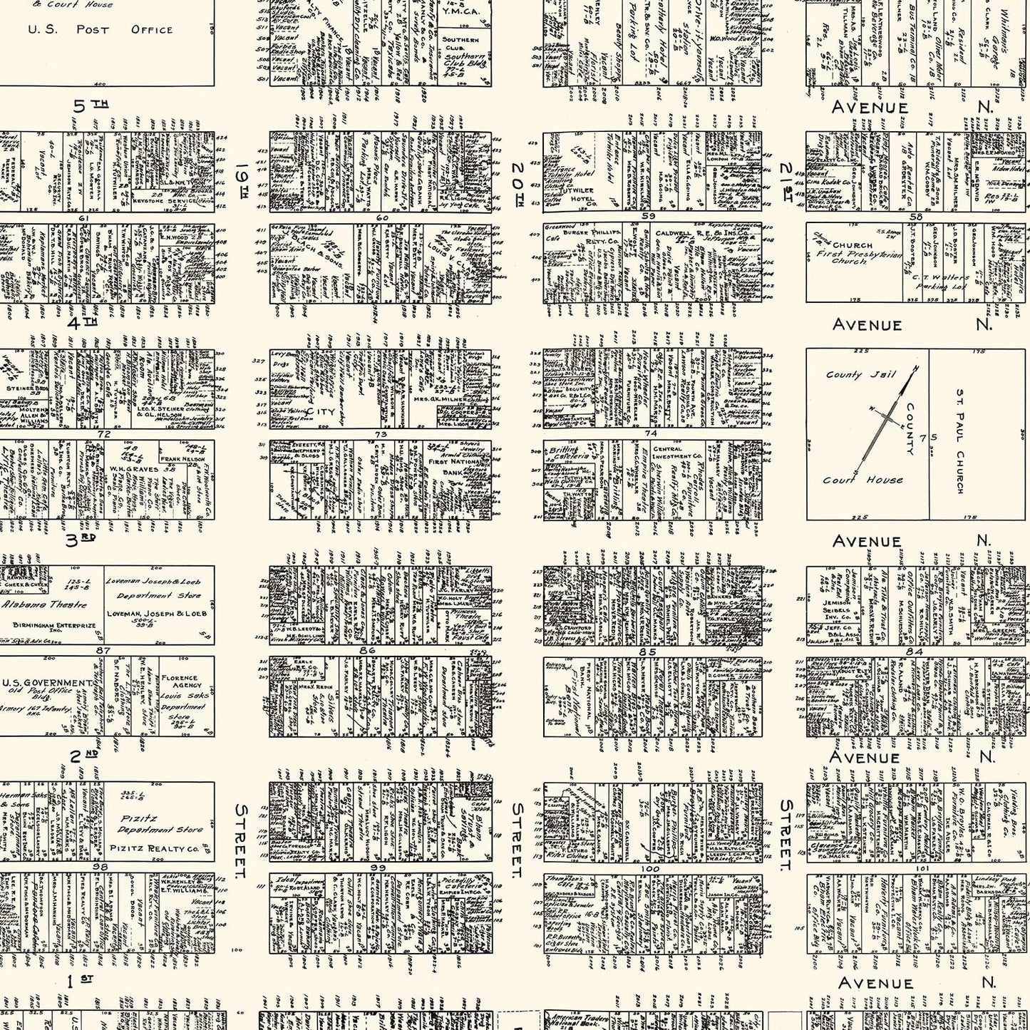 Vintage Map of Birmingham, Alabama, Business District, 1929