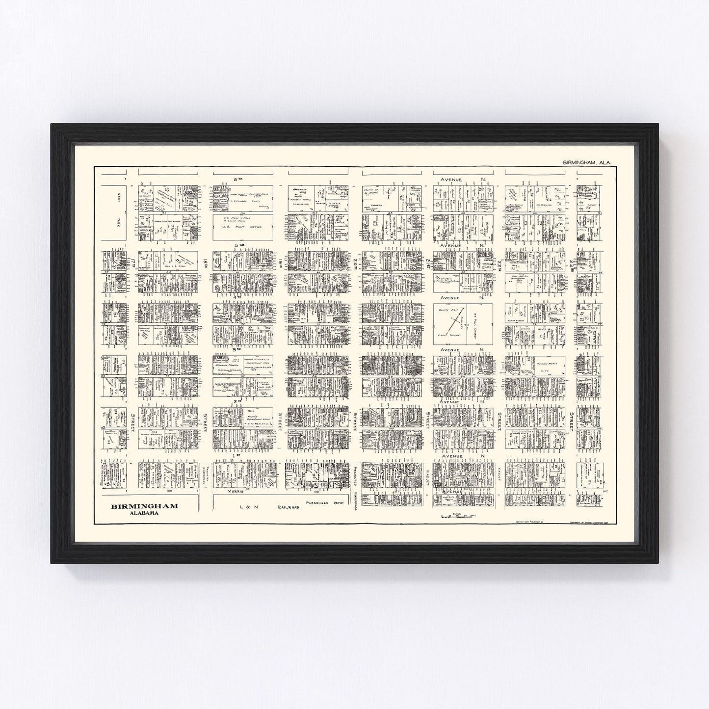 Vintage map of Birmingham, Alabama, business district, 1929