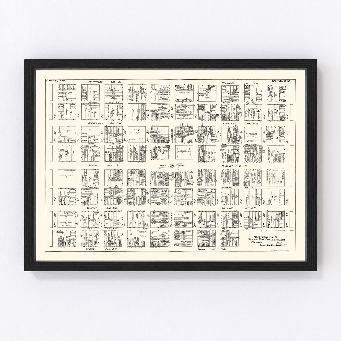 Vintage map of Canton, Ohio business section, 1929, restored vintage wall art print