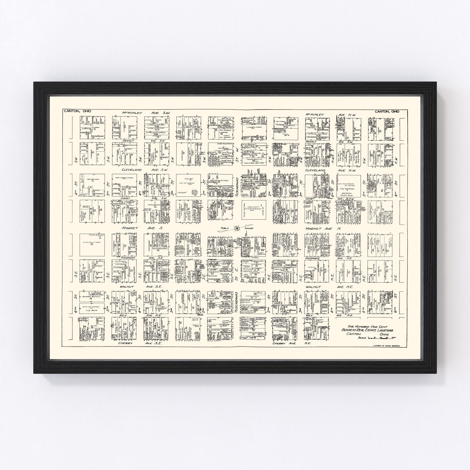Vintage map of Canton, Ohio business section, 1929, restored vintage wall art print