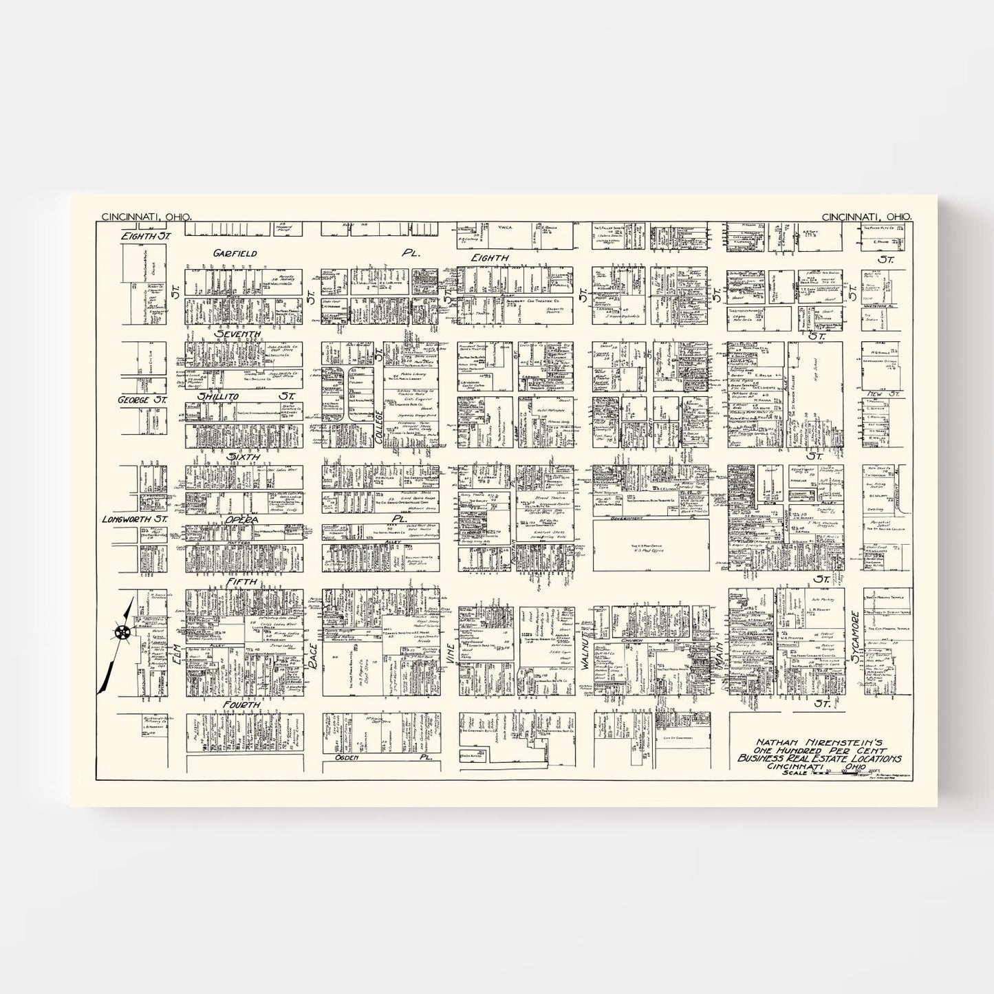 Vintage Map of Cincinnati, OH Business Section, 1929