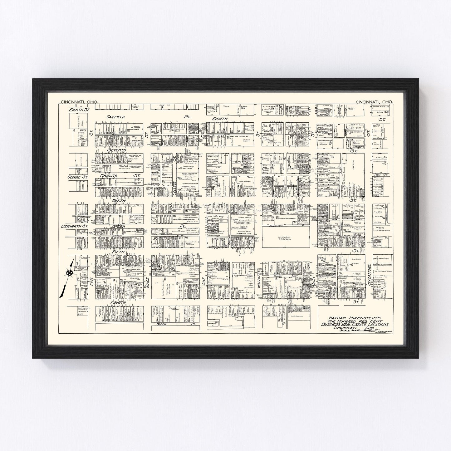 Vintage map of Cincinnati, Ohio business section, 1929