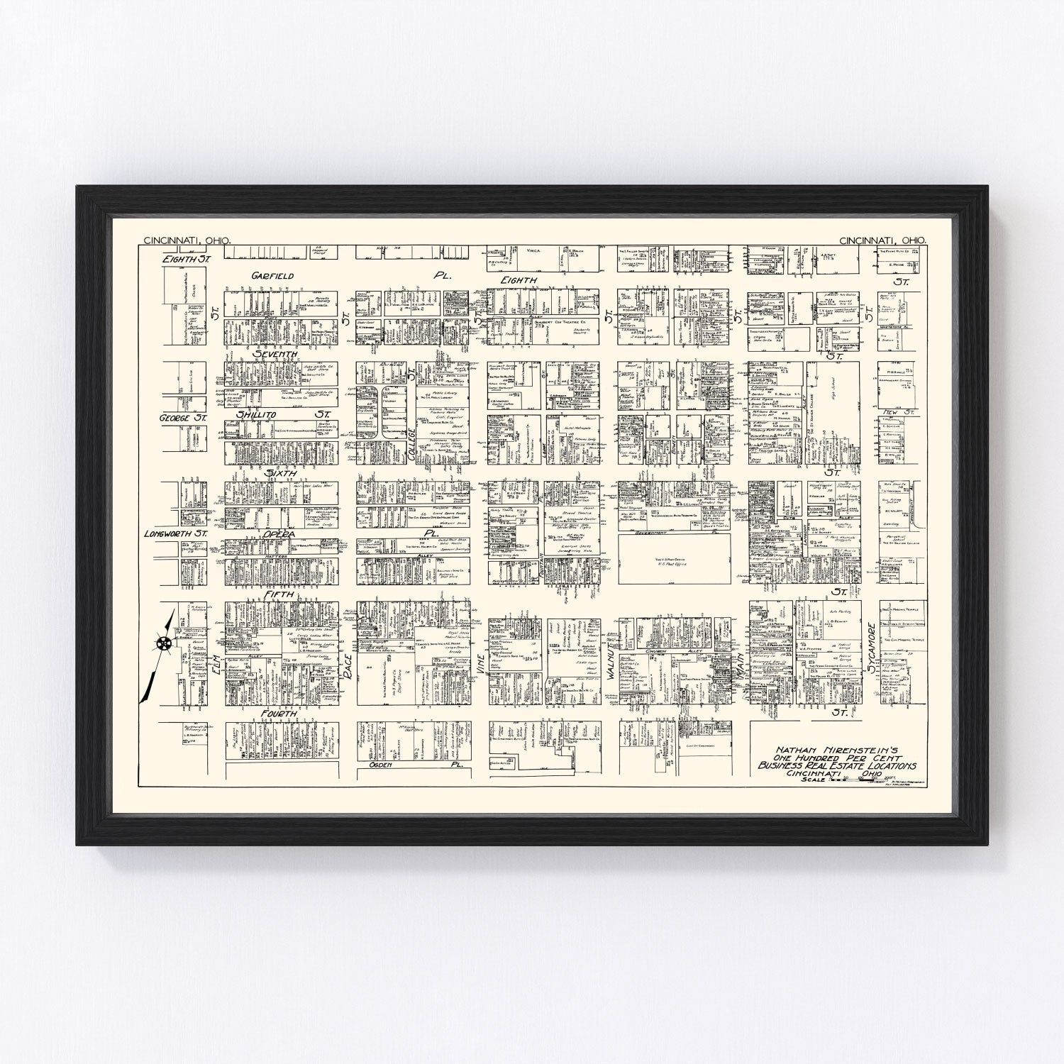 Vintage map of Cincinnati, Ohio business section, 1929