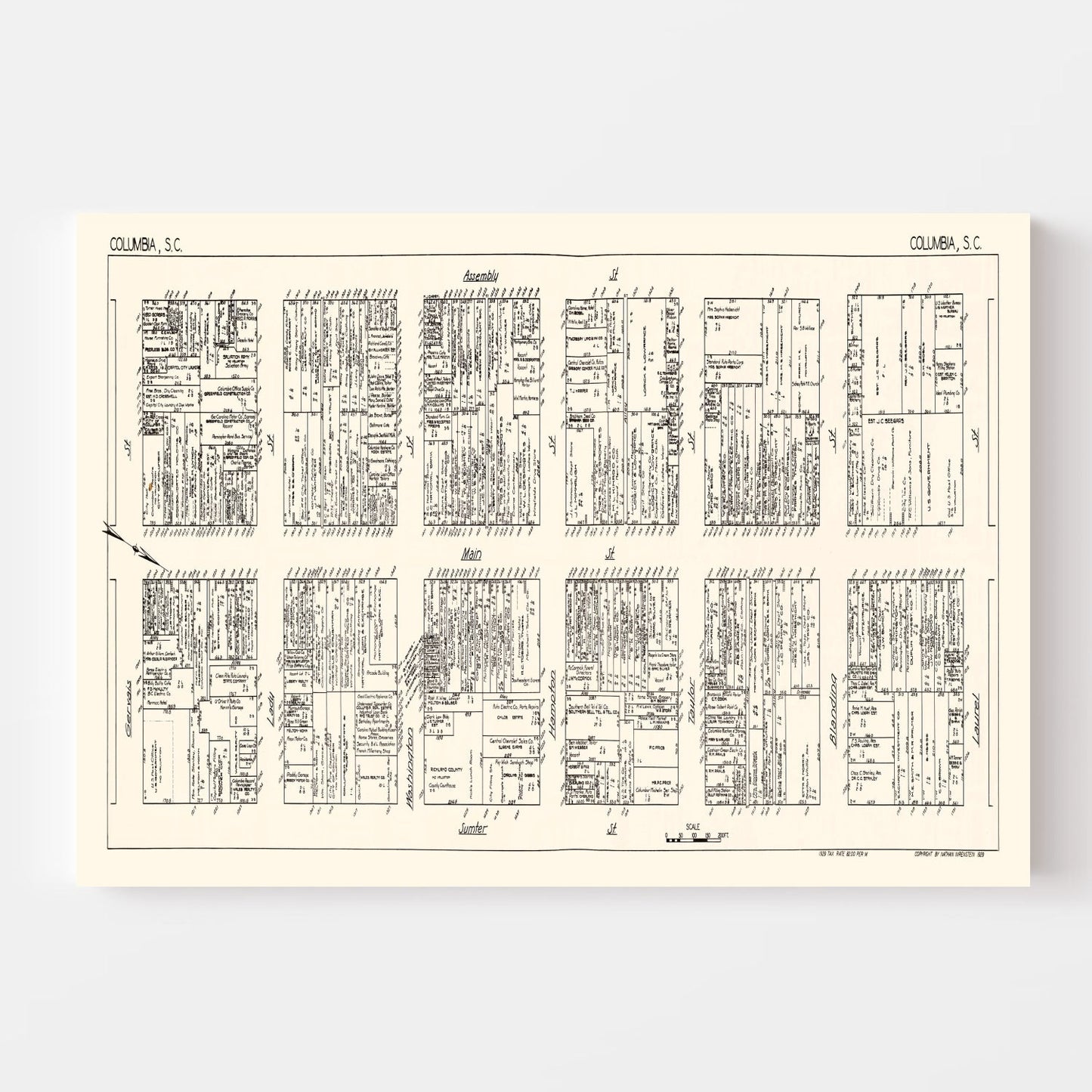 Vintage Map of Columbia, SC Business Section 1929