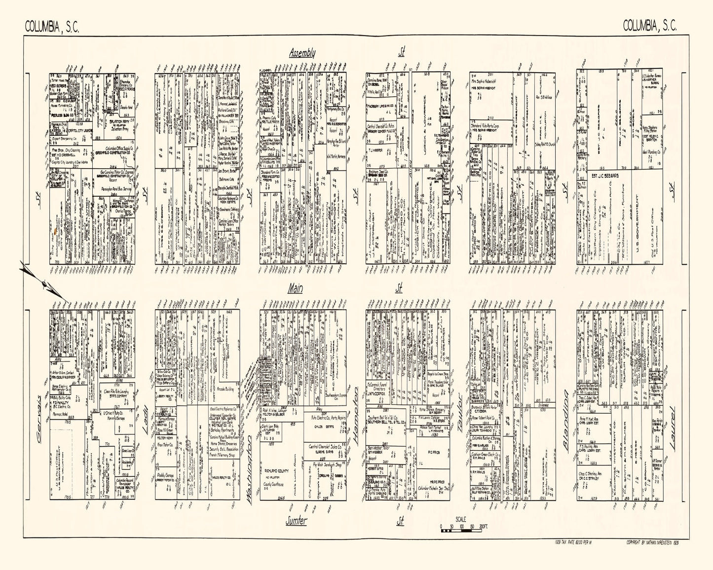 Vintage Map of Columbia, SC Business Section 1929
