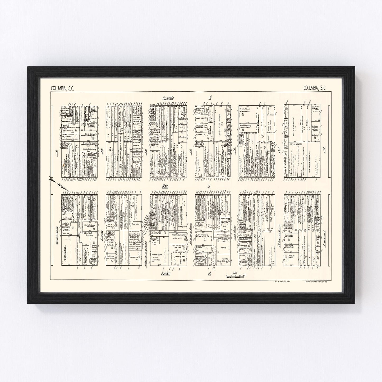 Vintage restored map of Columbia SC Business Section, 1929, downtown state capital