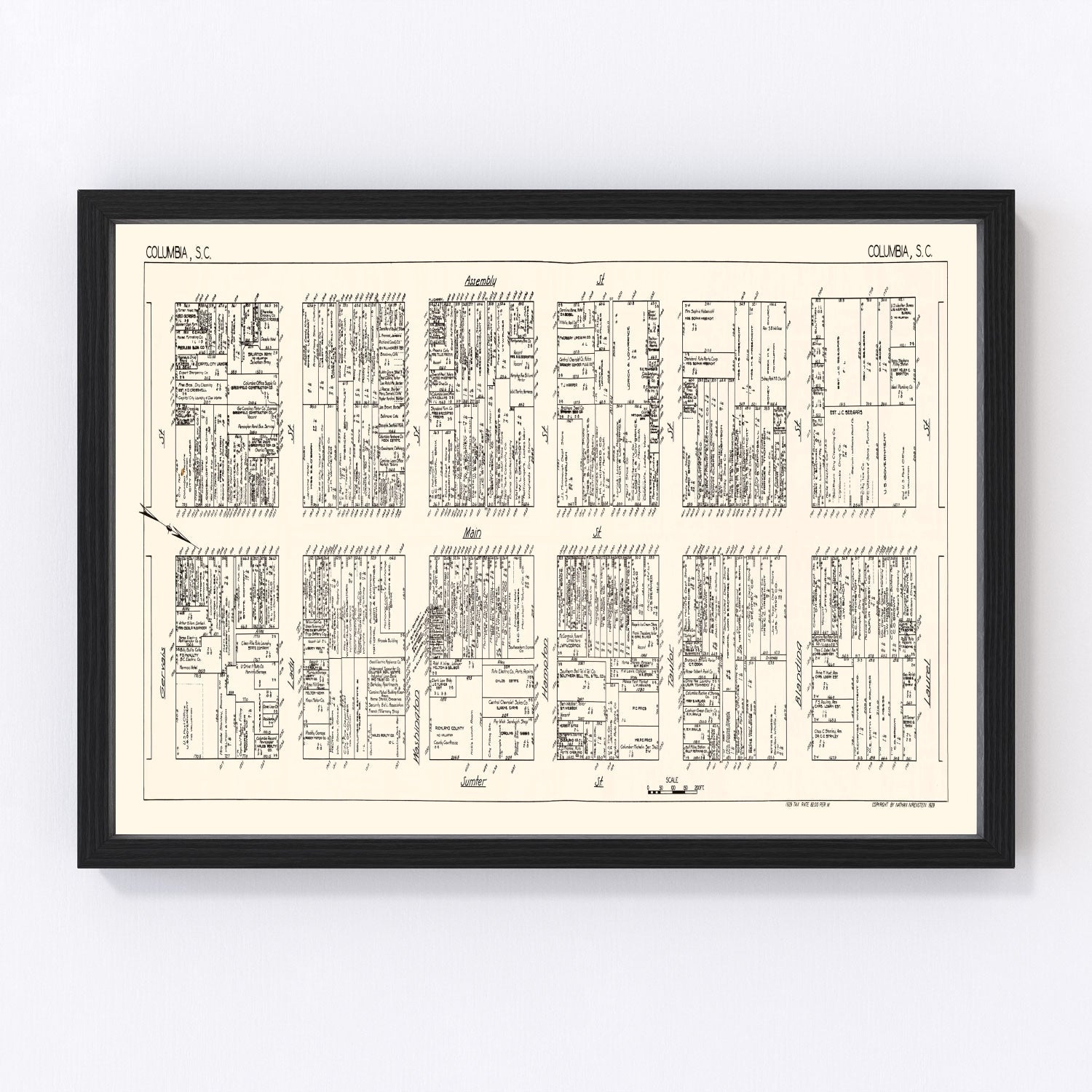Vintage restored map of Columbia SC Business Section, 1929, downtown state capital