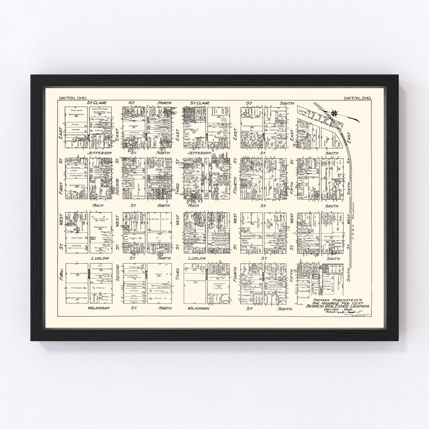 Vintage map of Dayton, Ohio business section, 1929