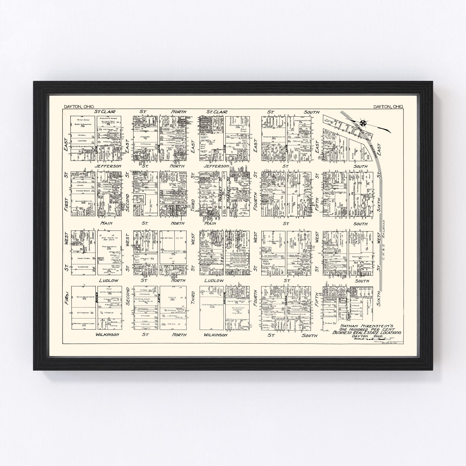 Vintage map of Dayton, Ohio business section, 1929