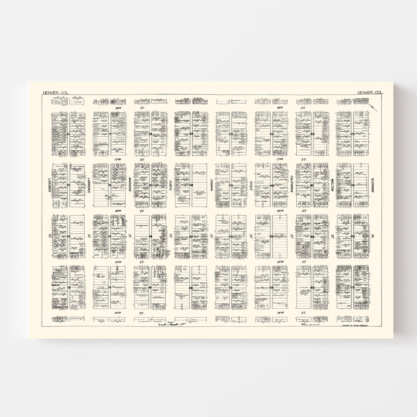Vintage Map of Denver, Colorado Business Section, 1929