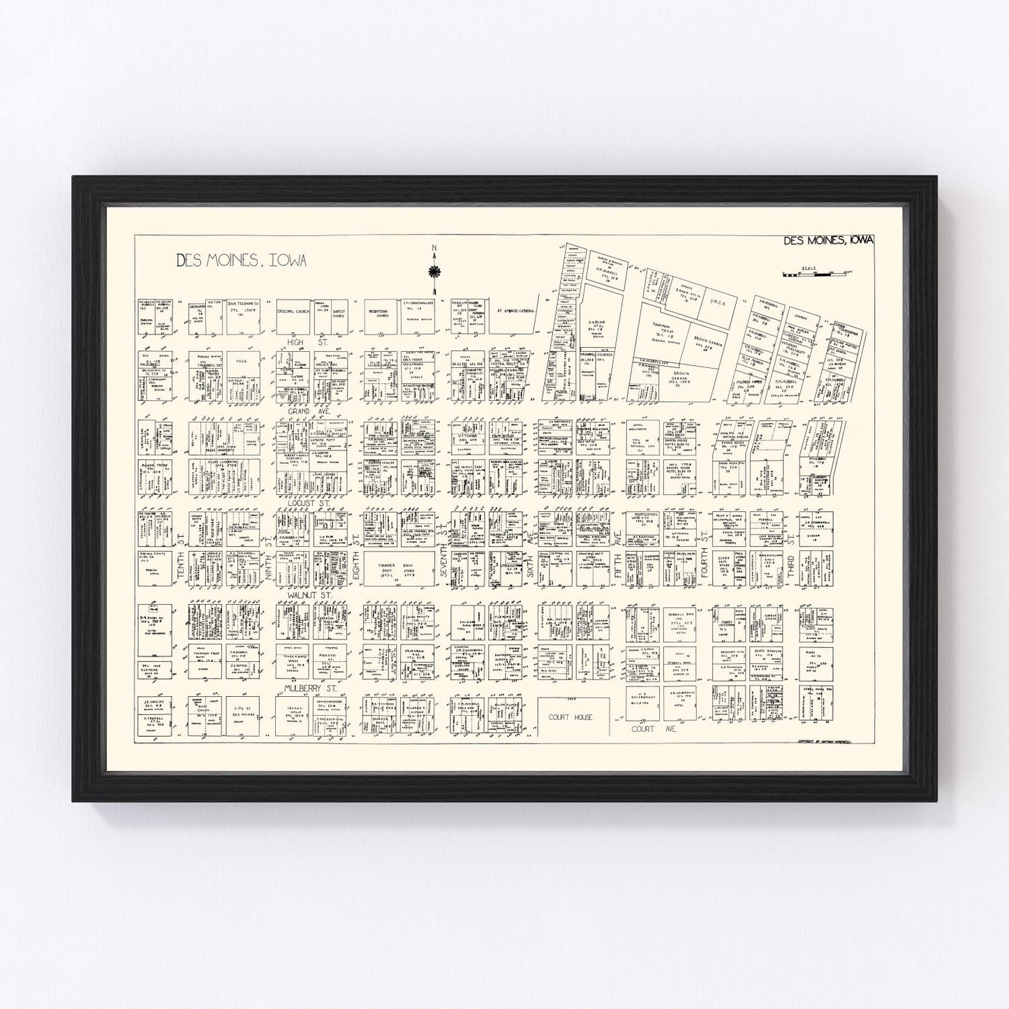 Vintage restored map of Des Moines, Iowa Business Section, 1929, downtown capital