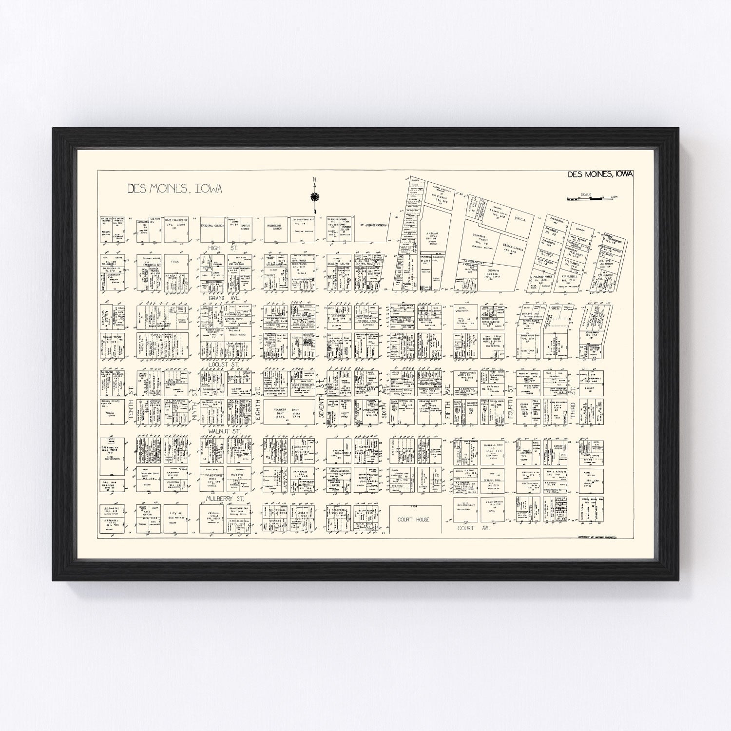 Vintage restored map of Des Moines, Iowa Business Section, 1929, downtown capital