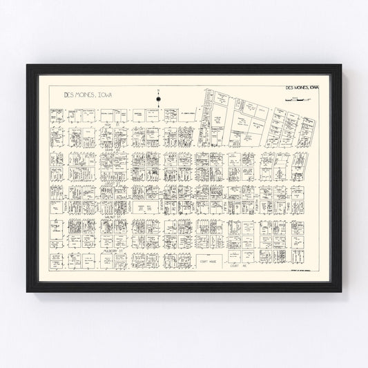 Vintage restored map of Des Moines, Iowa Business Section, 1929, downtown capital