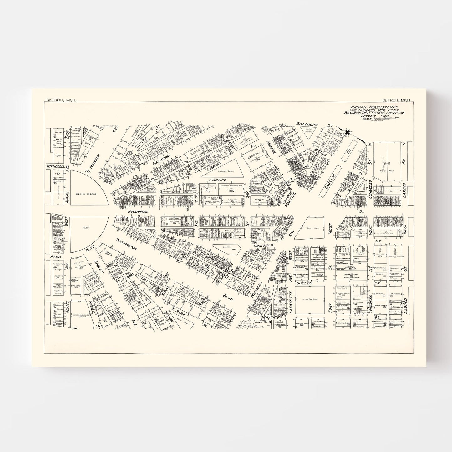 Vintage Map of Detroit, Michigan Business Section, 1929
