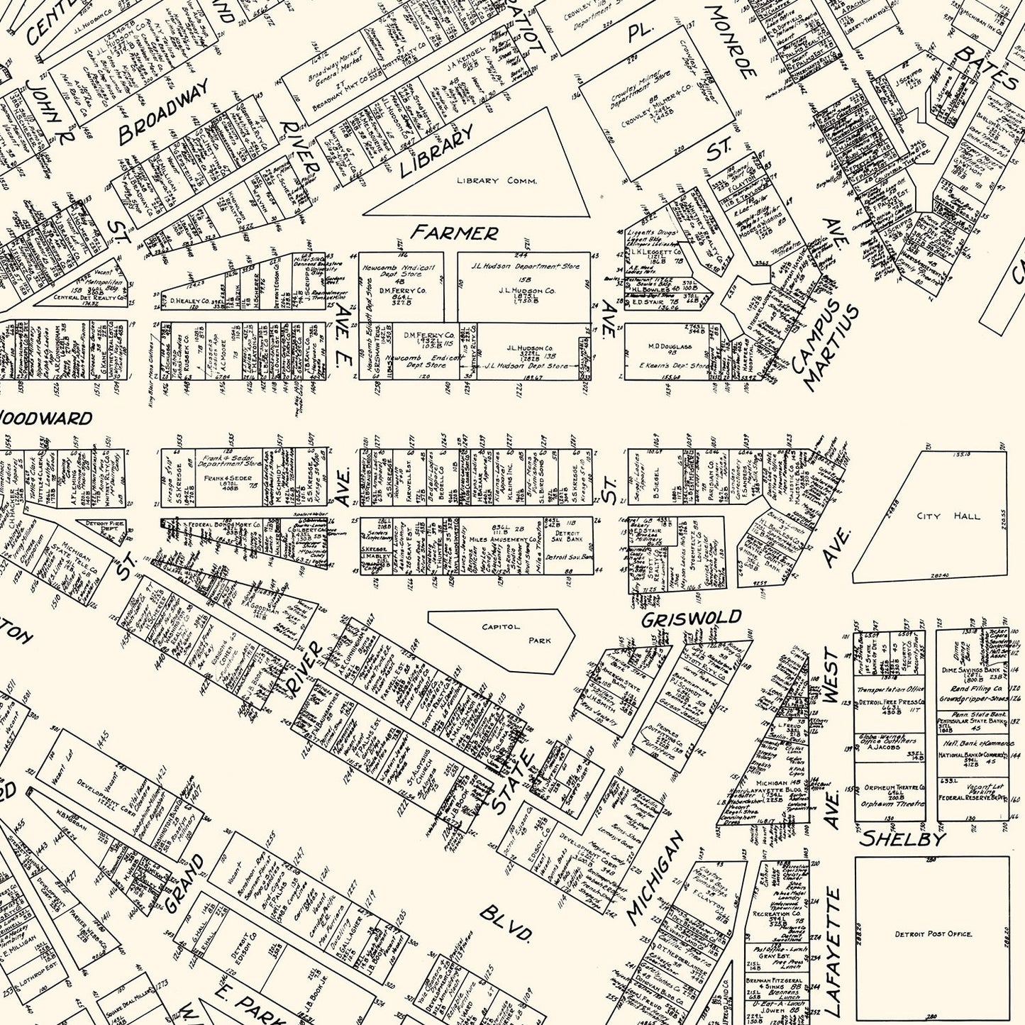 Vintage Map of Detroit, Michigan Business Section, 1929