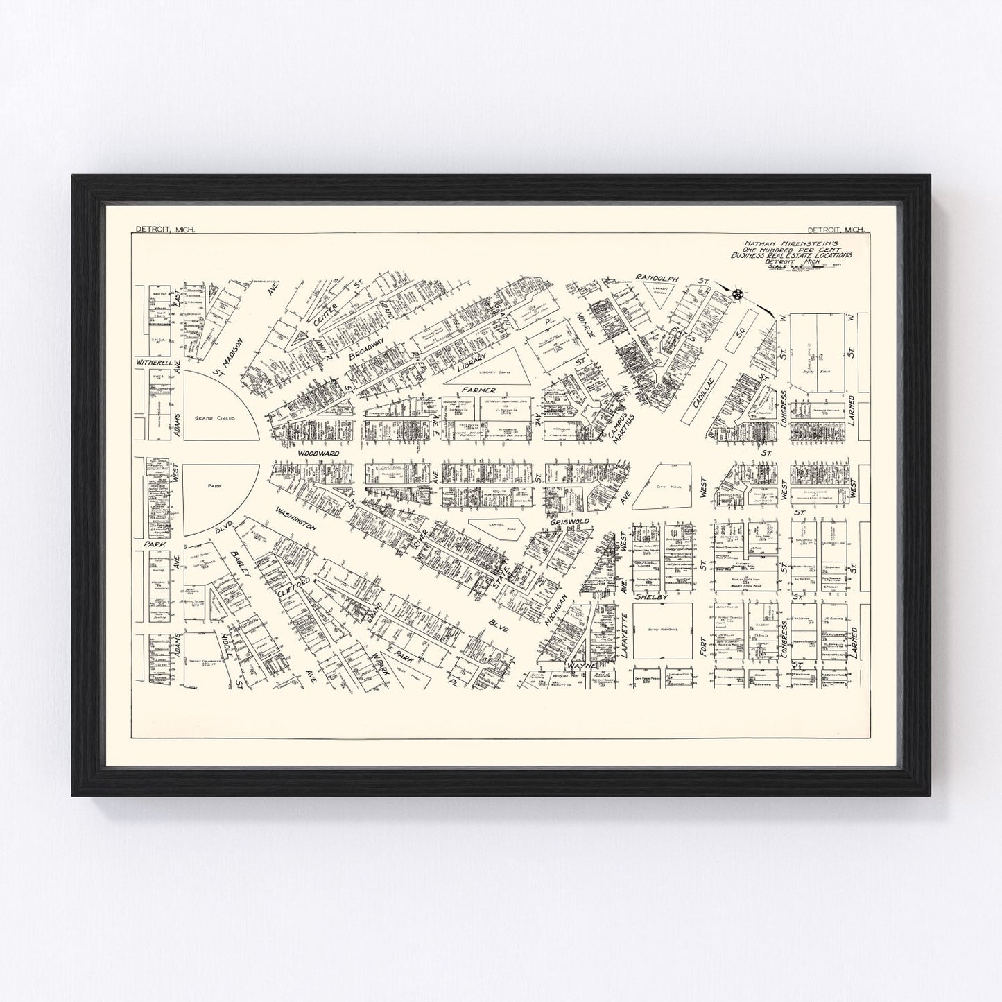 vintage map of Detroit, Michigan business section, 1929