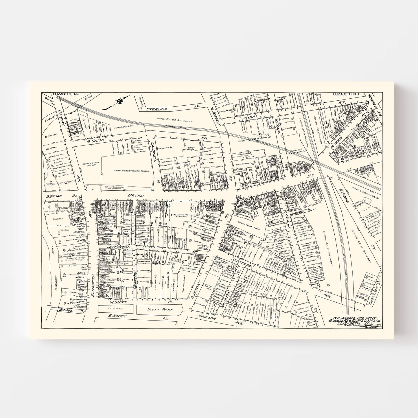 Vintage Map of Elizabeth, NJ Business Section 1929