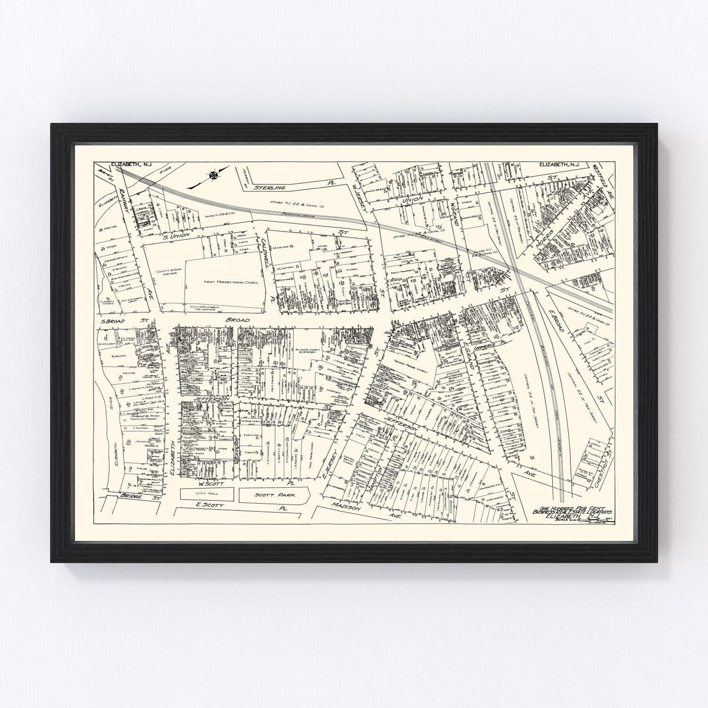 Vintage restored map of Elizabeth NJ Business Section, 1929, roaring twenties downtown