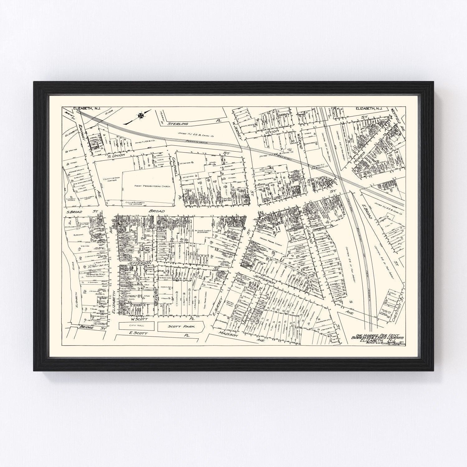 Vintage restored map of Elizabeth NJ Business Section, 1929, roaring twenties downtown