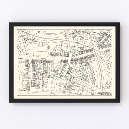 Vintage restored map of Elizabeth NJ Business Section, 1929, roaring twenties downtown