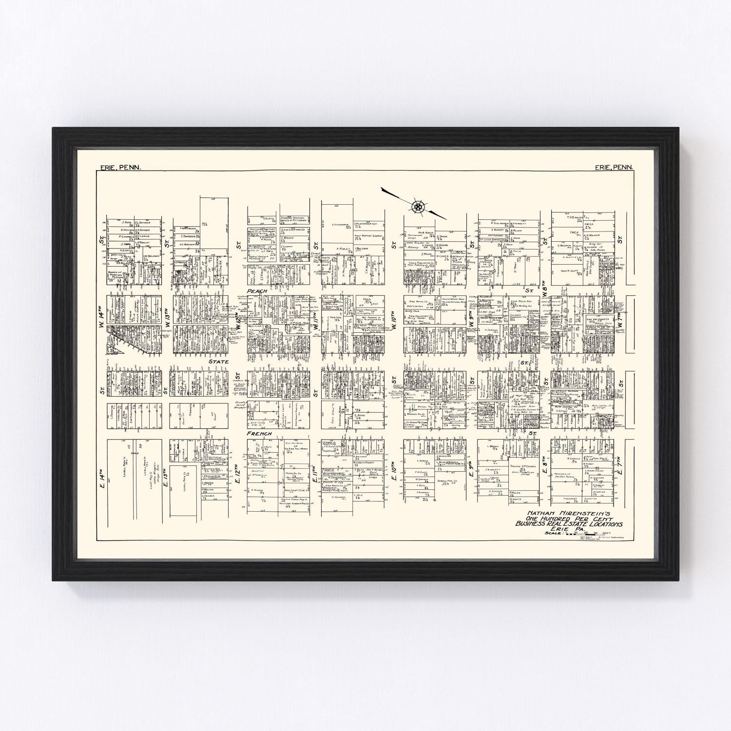 vintage map of Erie, PA business section, 1929