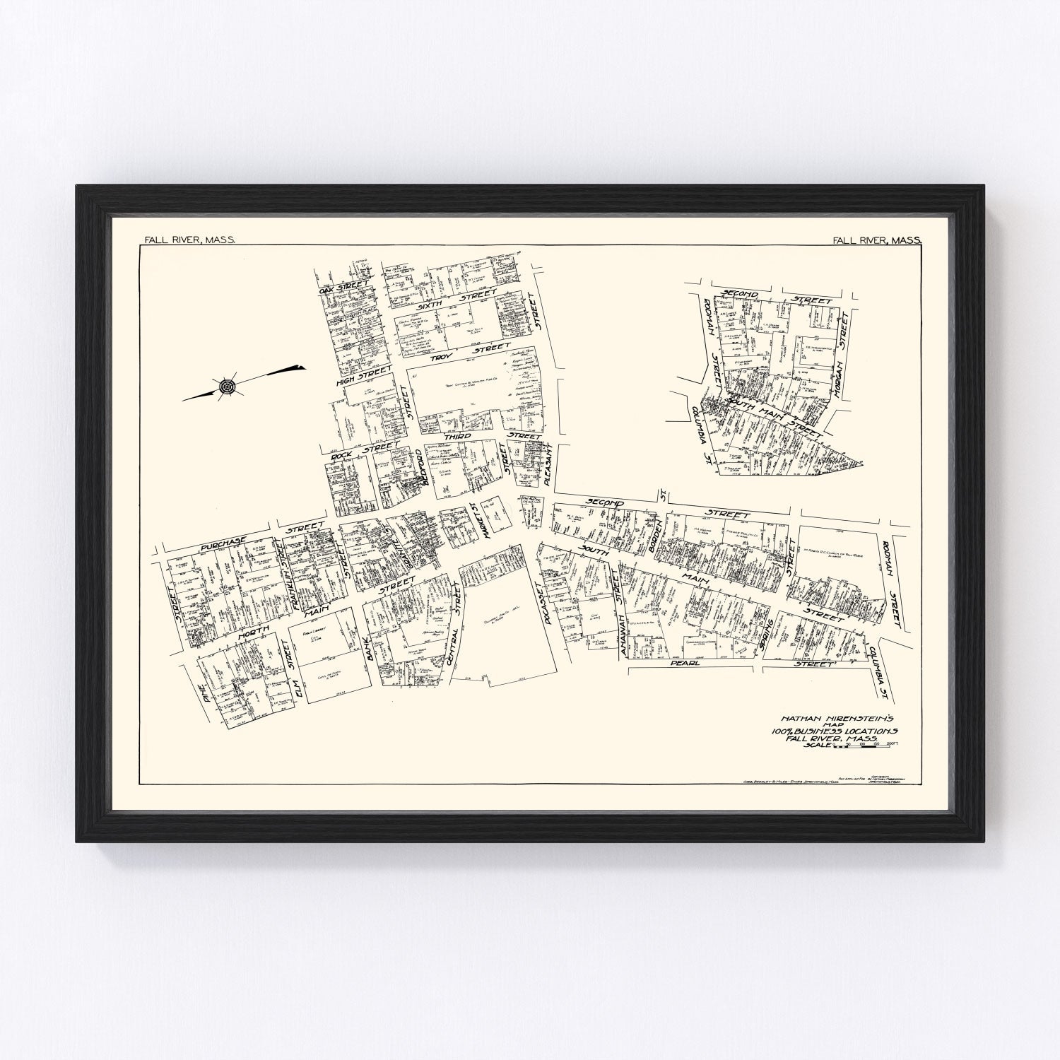 vintage map of Fall River, MA business section, 1929