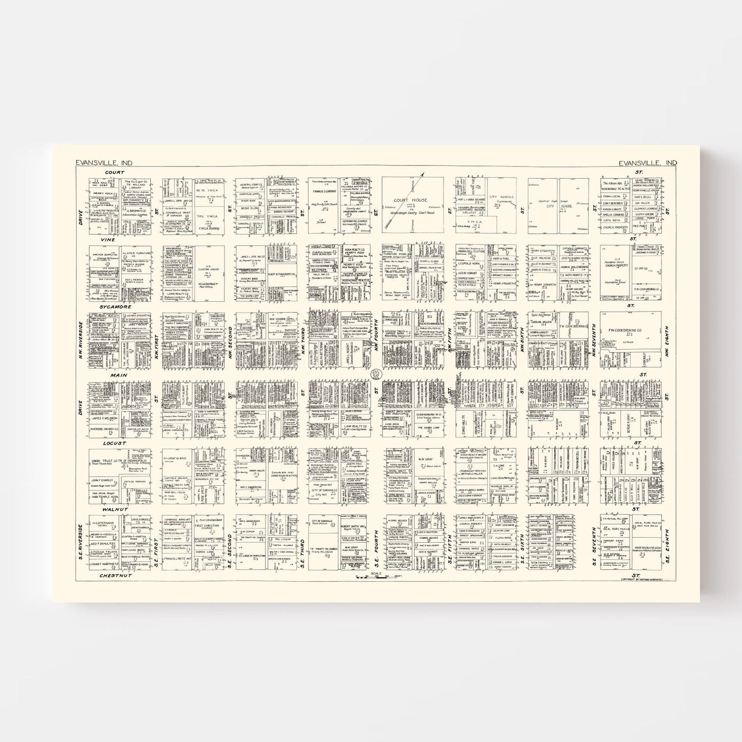 Vintage Map of Evansville, Indiana Business Section, 1929