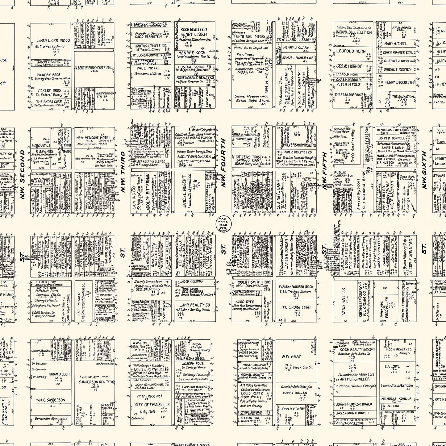 Vintage Map of Evansville, Indiana Business Section, 1929