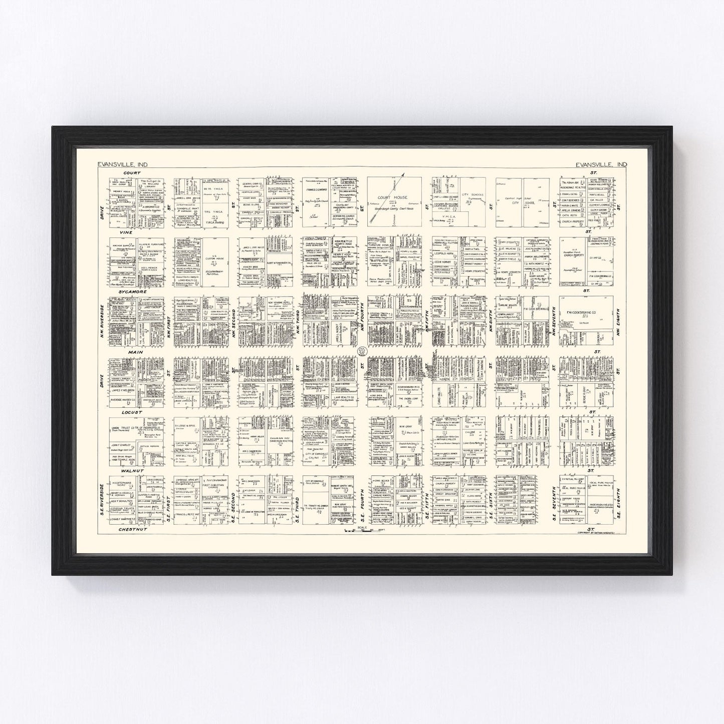 Vintage map of Evansville, Indiana business section, 1929