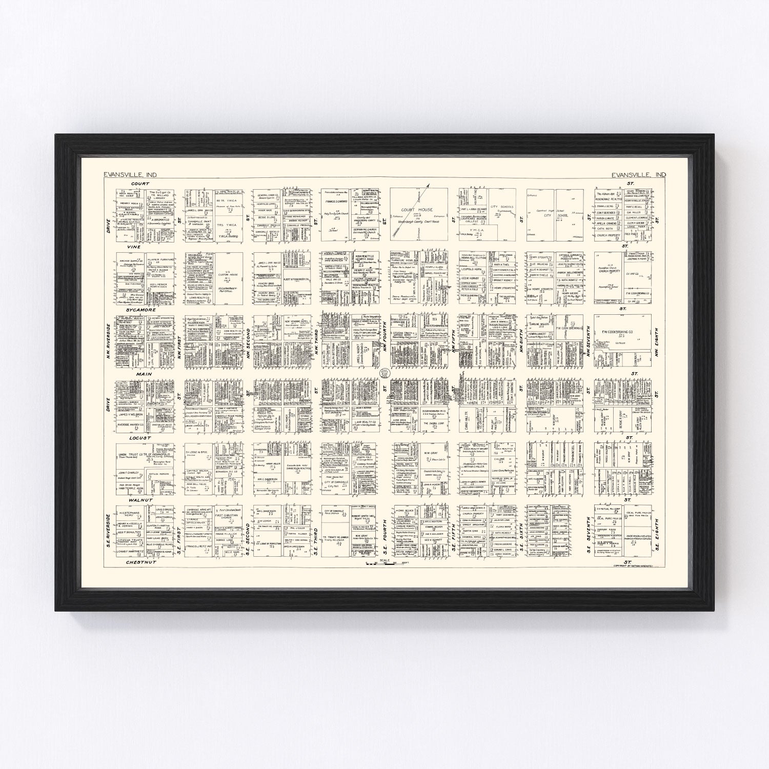 Vintage map of Evansville, Indiana business section, 1929