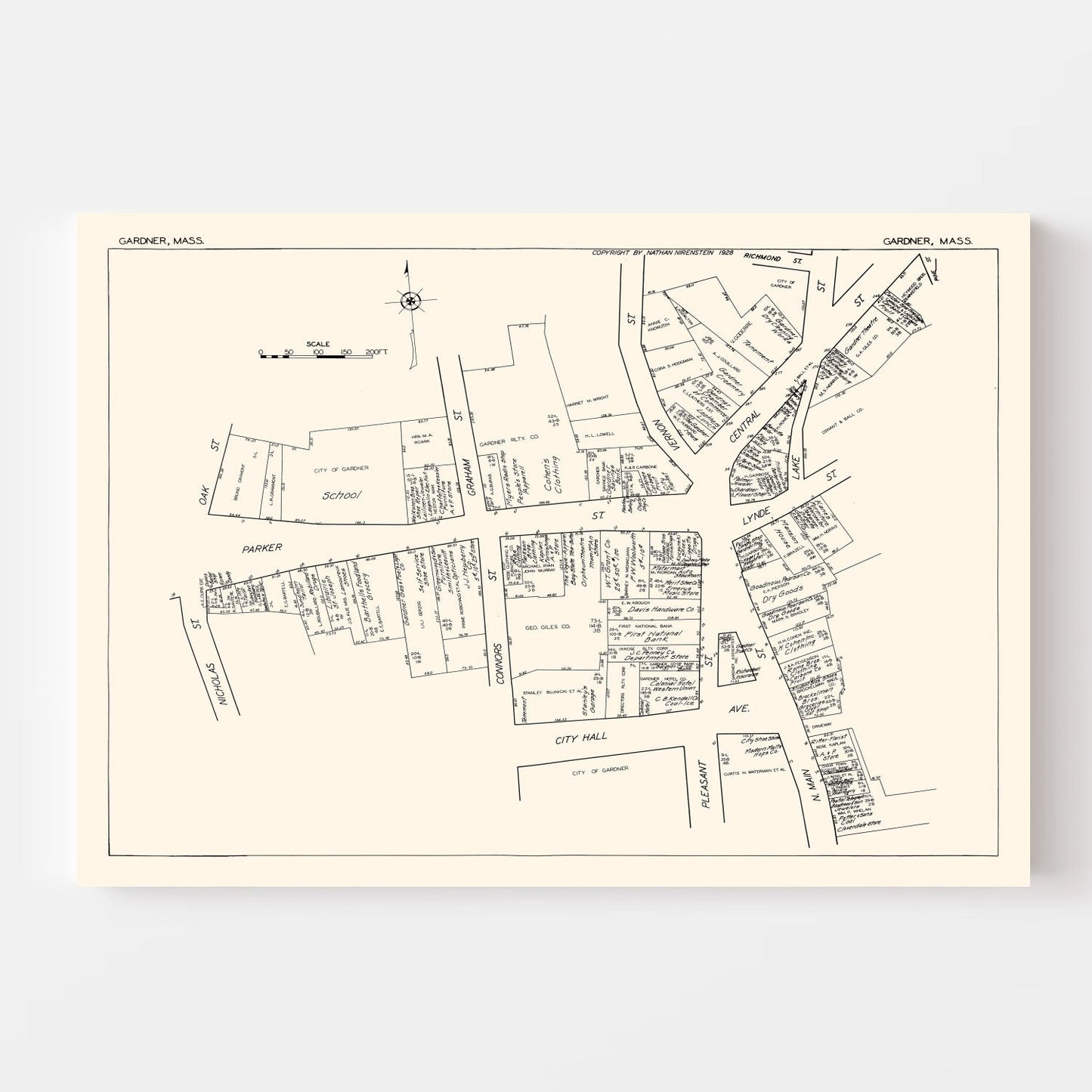 Vintage Map of Gardner, Massachusetts, 1929