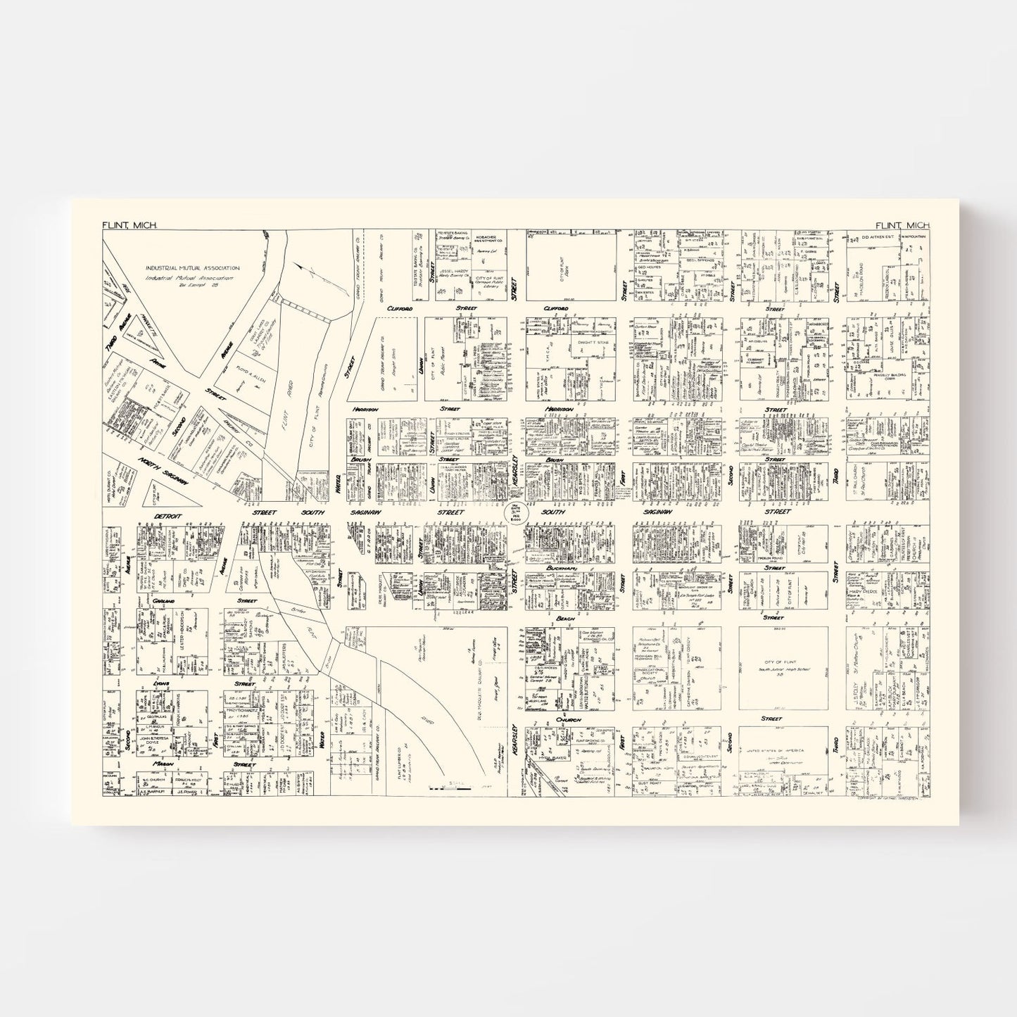 Vintage Map of Flint, MI Business Section, 1929