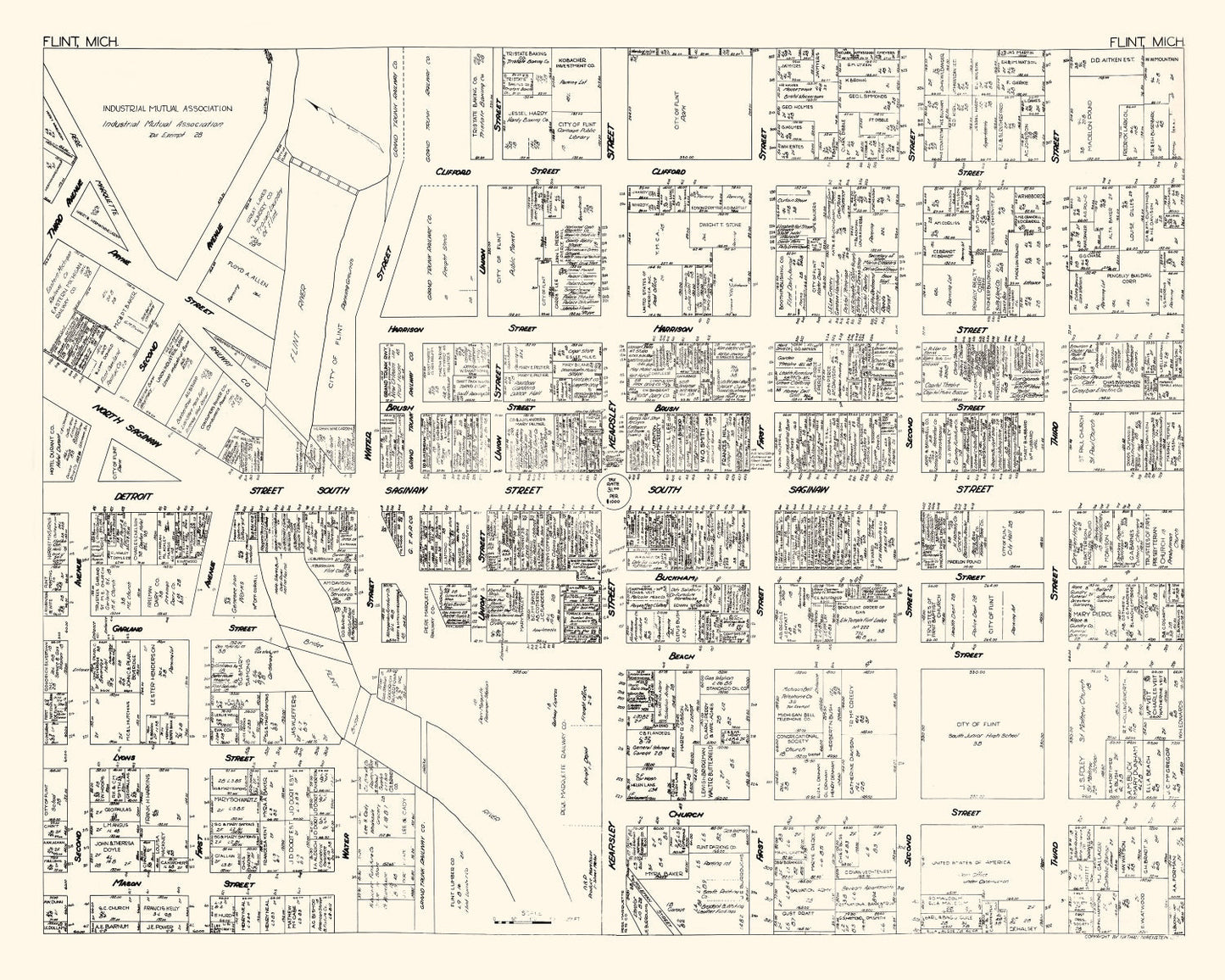 Vintage Map of Flint, MI Business Section, 1929
